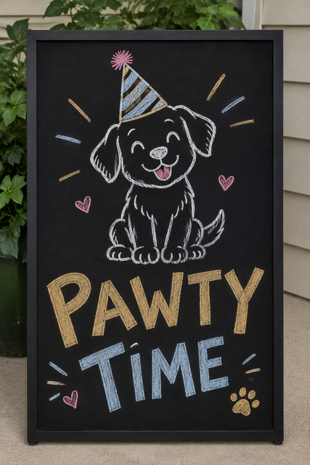 Party Hat Pup: a hand-drawn newyear chalkboard sign reading "PAWTY TIME".