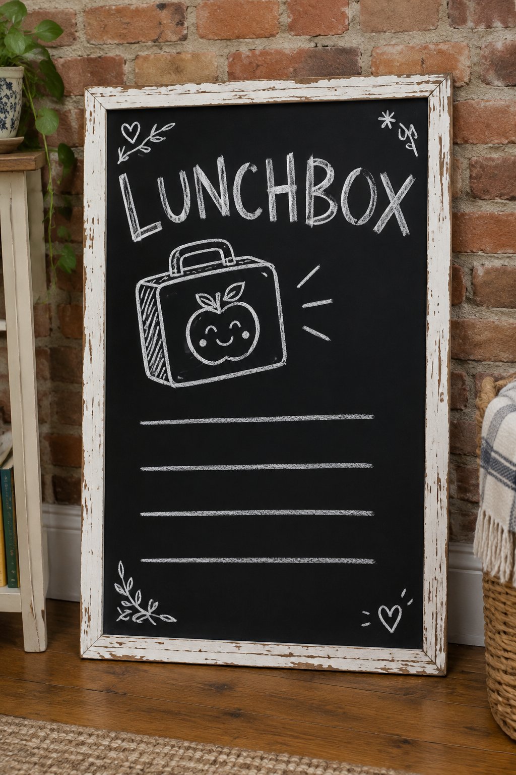 School Lunch Plan: a hand-drawn winter chalkboard sign reading "LUNCHBOX".