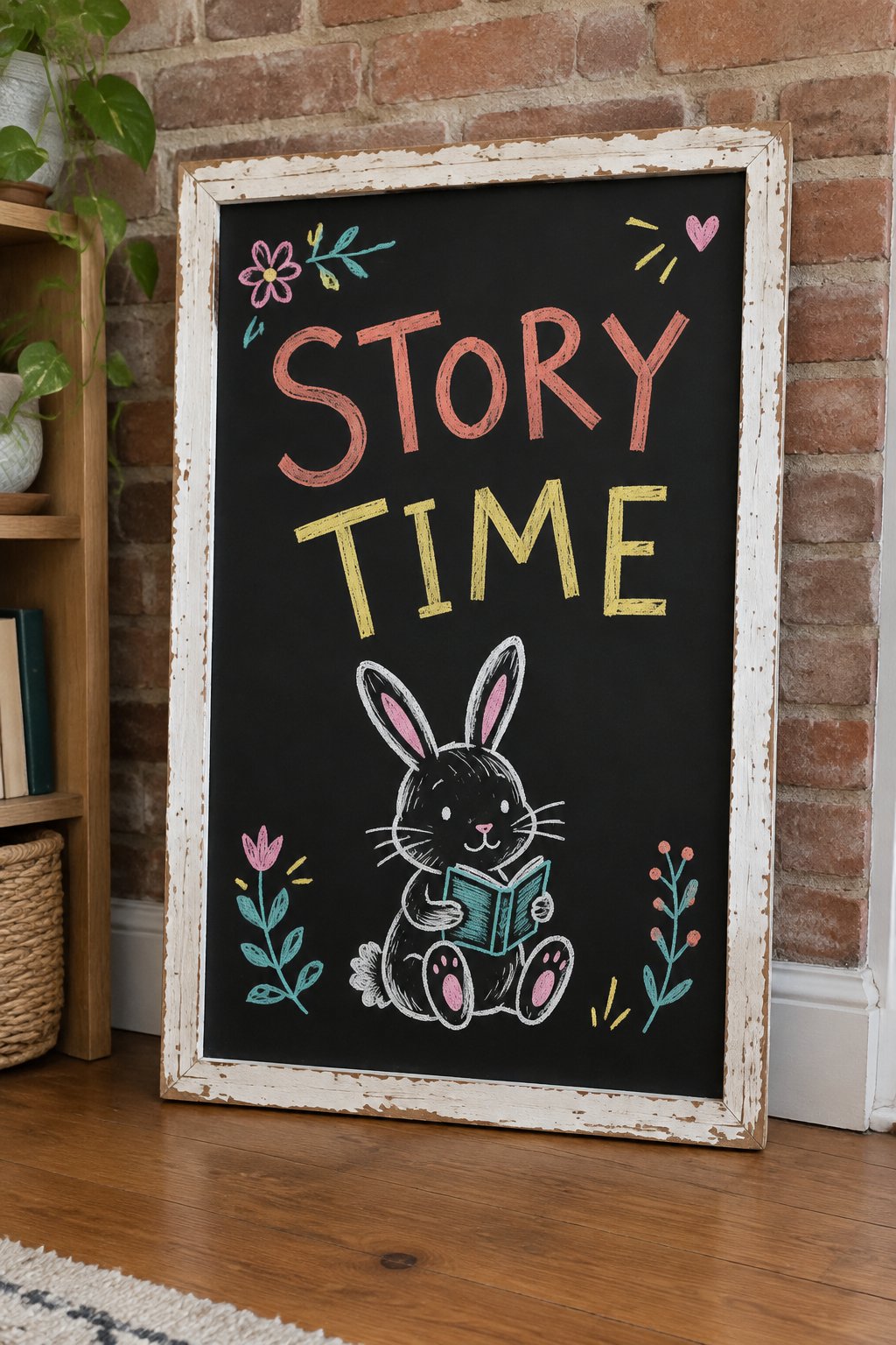 Bunny Story Time: a hand-drawn spring chalkboard sign reading "STORY TIME".