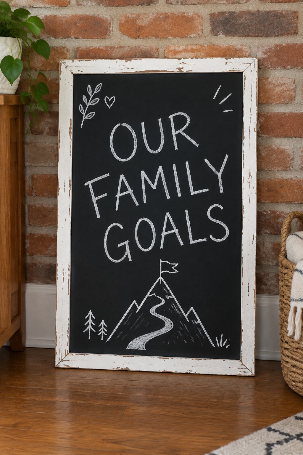 Family Goals: a hand-drawn winter chalkboard sign reading "OUR FAMILY GOALS".