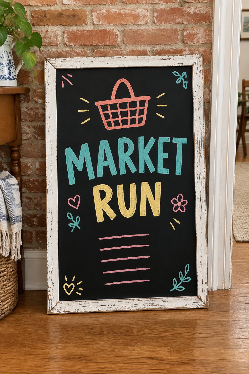 Market Run: a hand-drawn spring chalkboard sign reading "MARKET RUN".