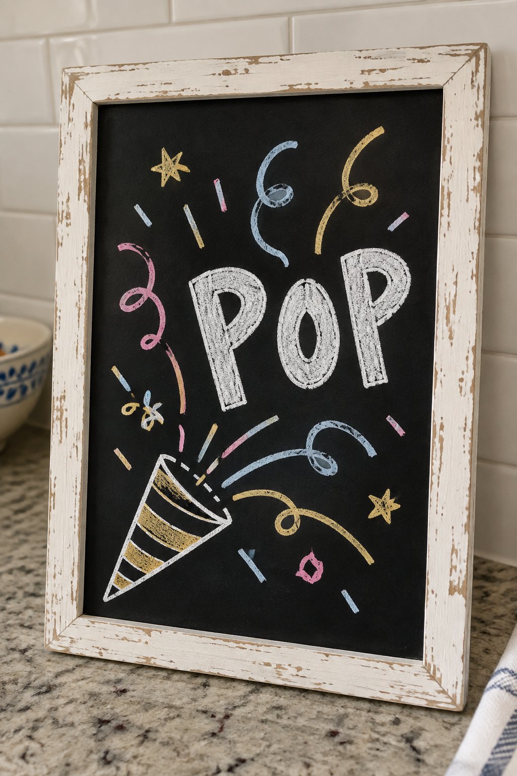 Party Poppers: a hand-drawn newyear chalkboard sign reading "POP".