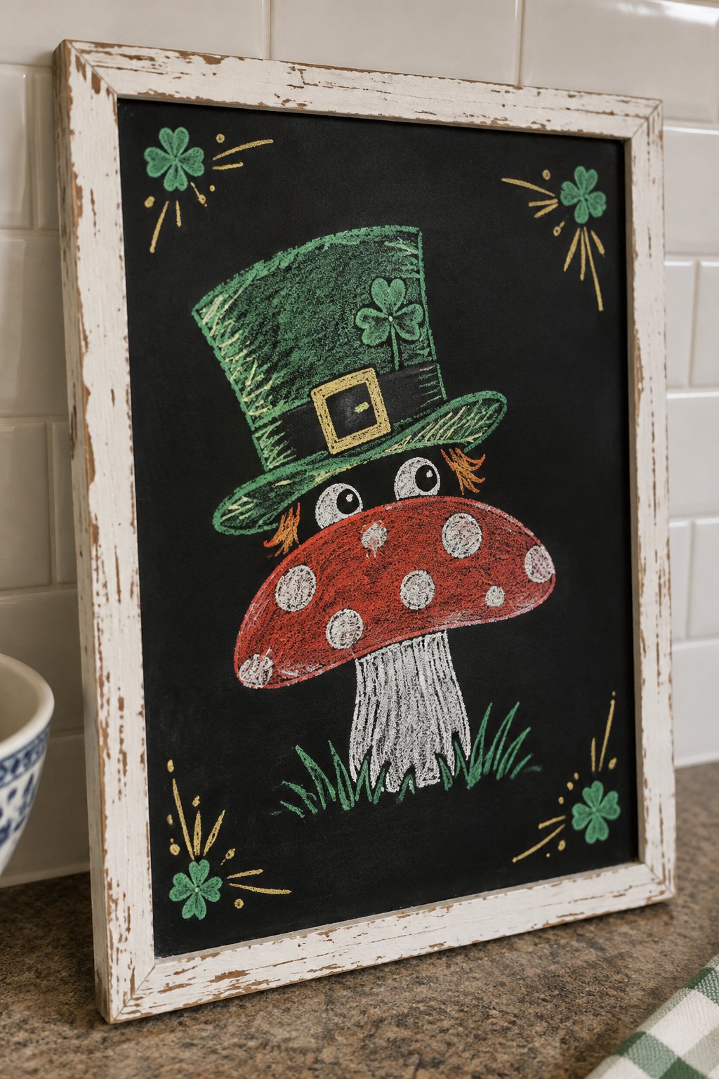 Peeking Leprechaun: a hand-drawn stpatricks chalkboard sign drawn without words, a leprechaun hat and two eyes peeking over the top of a toadstool.