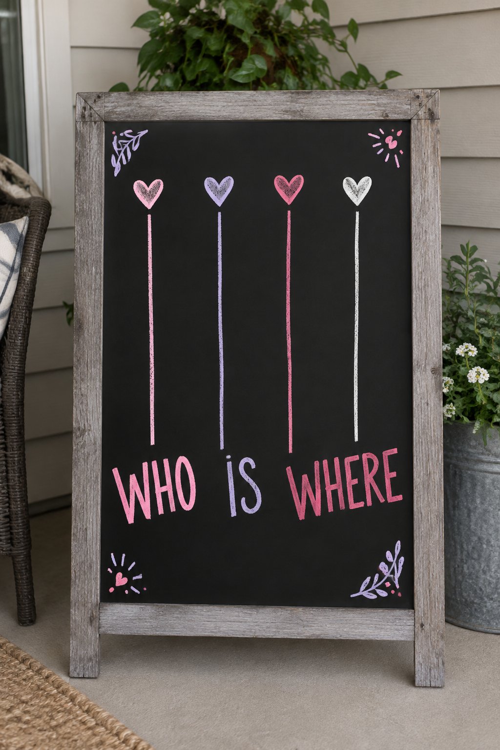 Who Is Where: a hand-drawn valentines chalkboard sign reading "WHO IS WHERE".