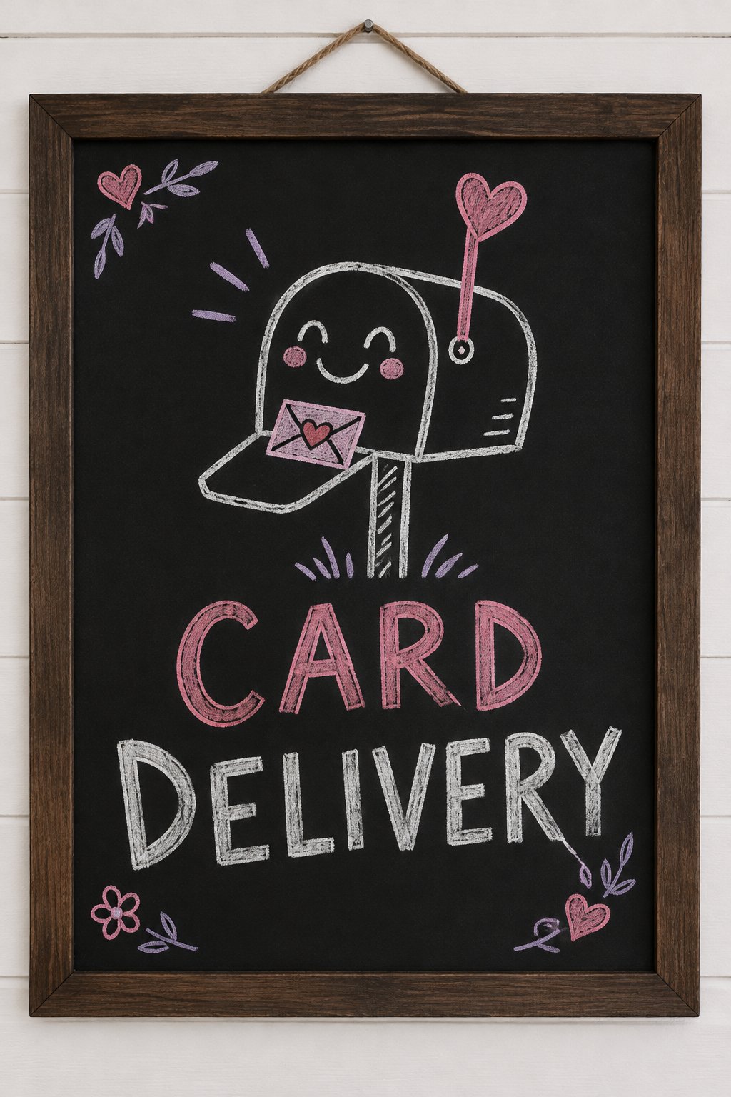 Card Delivery: a hand-drawn valentines chalkboard sign reading "CARD DELIVERY".