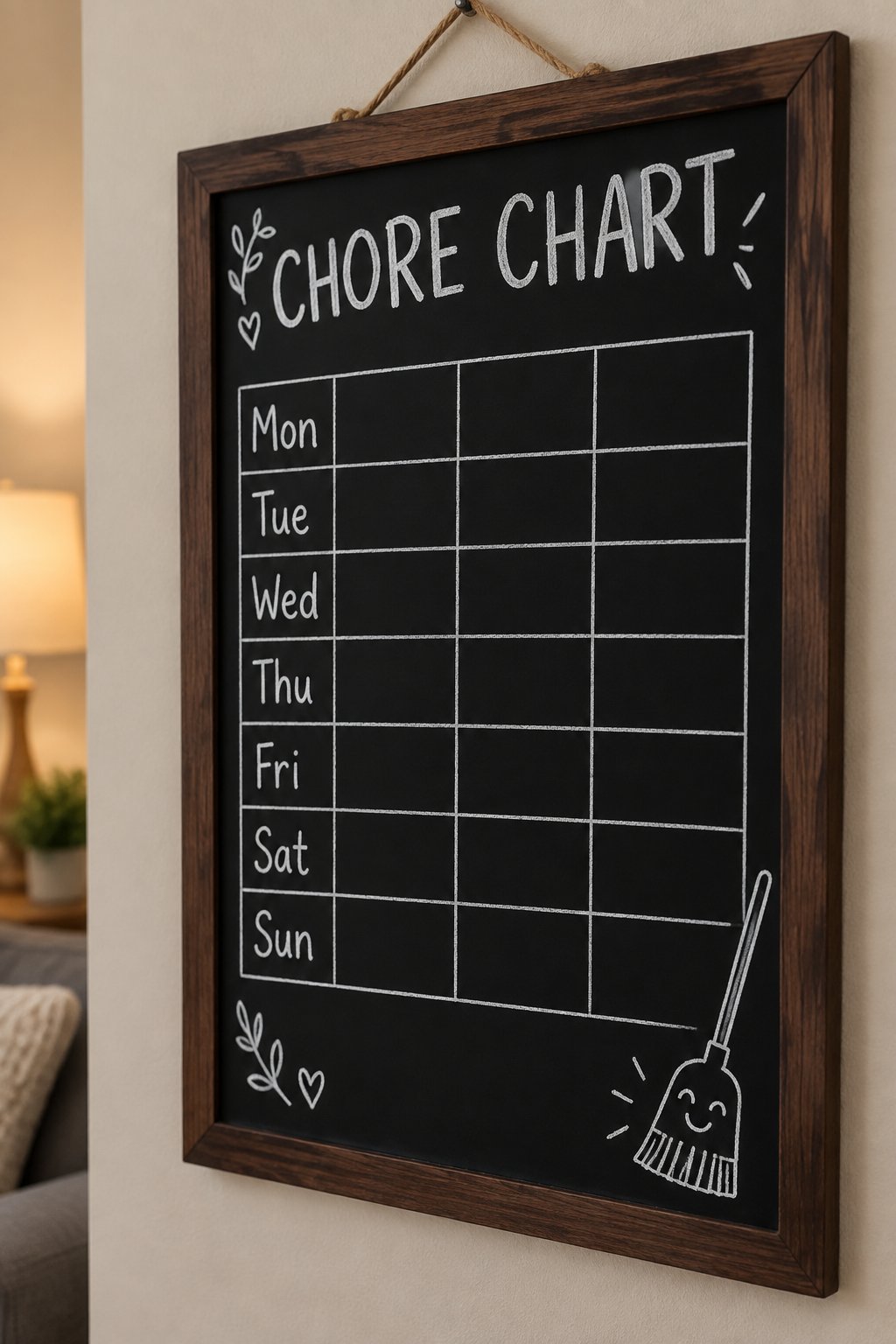 Chore Chart Grid: a hand-drawn winter chalkboard sign reading "CHORE CHART".