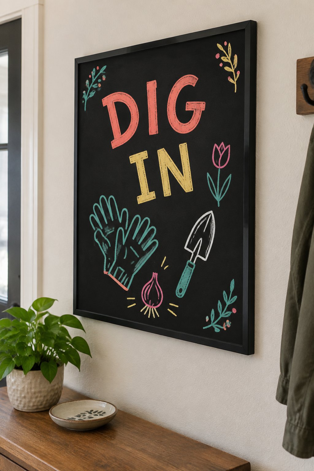 Garden Gloves: a hand-drawn spring chalkboard sign reading "DIG IN".