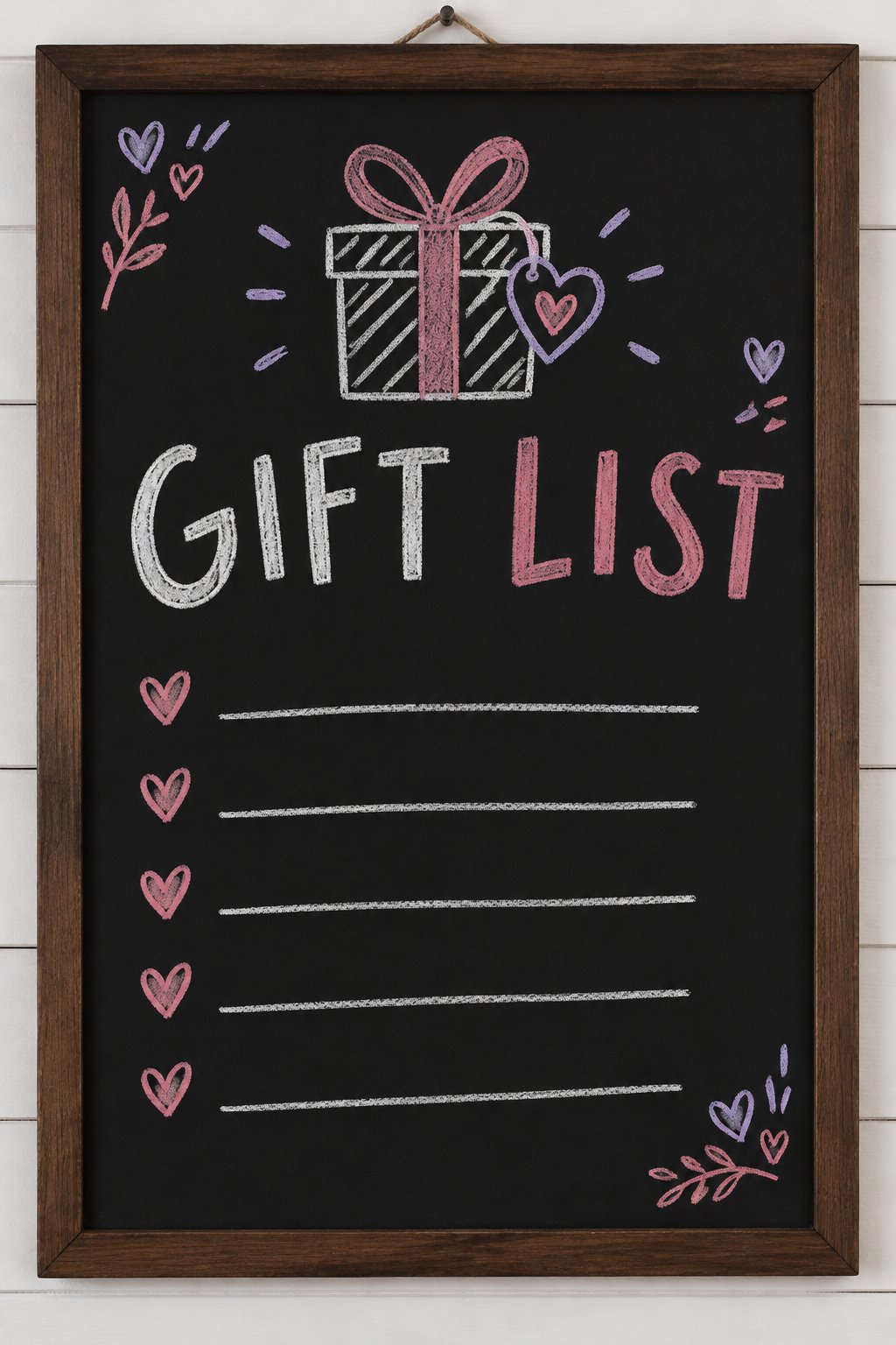 Gift List: a hand-drawn valentines chalkboard sign reading "GIFT LIST".
