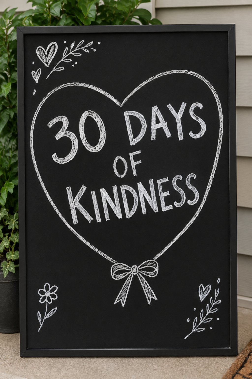 Kindness Challenge: a hand-drawn winter chalkboard sign reading "30 DAYS OF KINDNESS".
