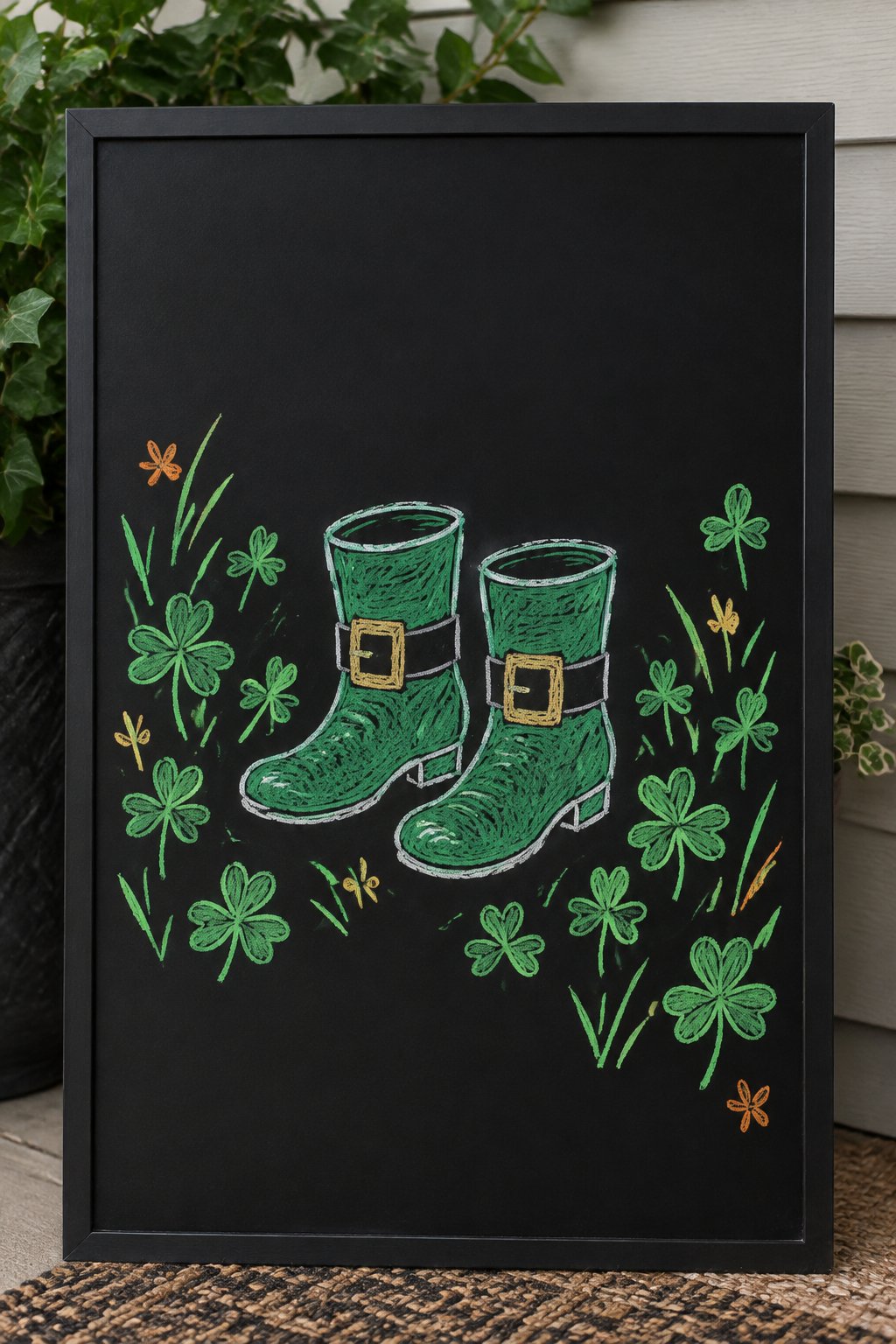 Little Green Boots: a hand-drawn stpatricks chalkboard sign drawn without words, a pair of small green boots with gold buckles standing in a patch of clover.