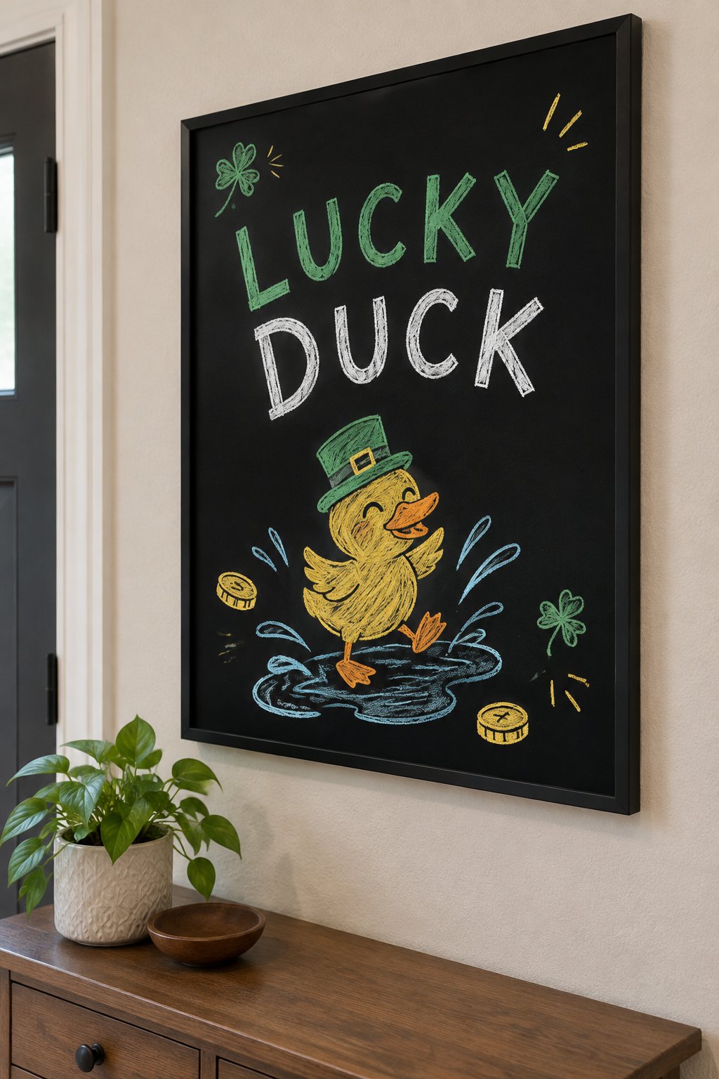 Lucky Duck: a hand-drawn stpatricks chalkboard sign reading "LUCKY DUCK".