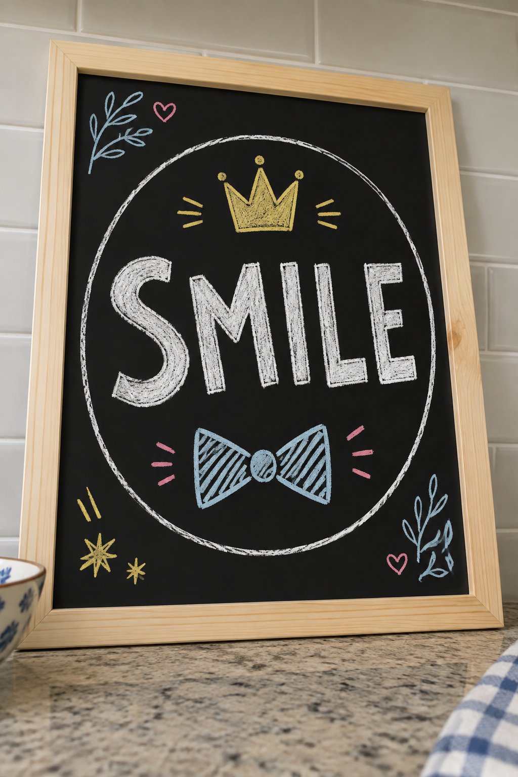 Photo Booth Sign: a hand-drawn newyear chalkboard sign reading "SMILE".