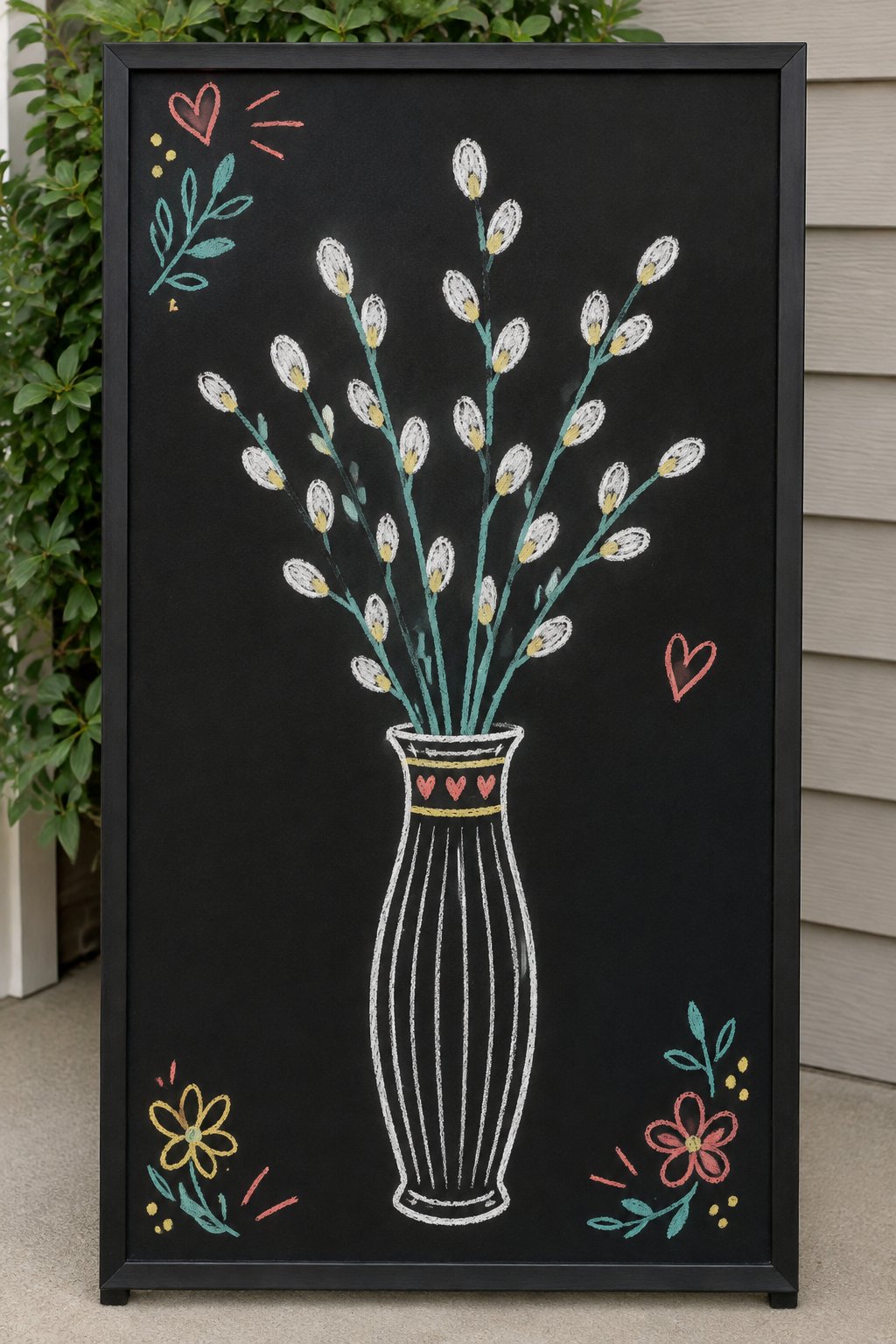 Pussy Willow Vase: a hand-drawn spring chalkboard sign drawn without words, a tall vase with soft pussy willow stems.