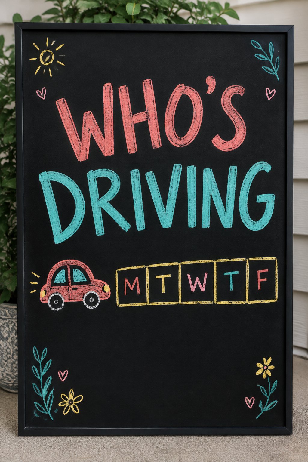 Ride Schedule: a hand-drawn spring chalkboard sign reading "WHO'S DRIVING".