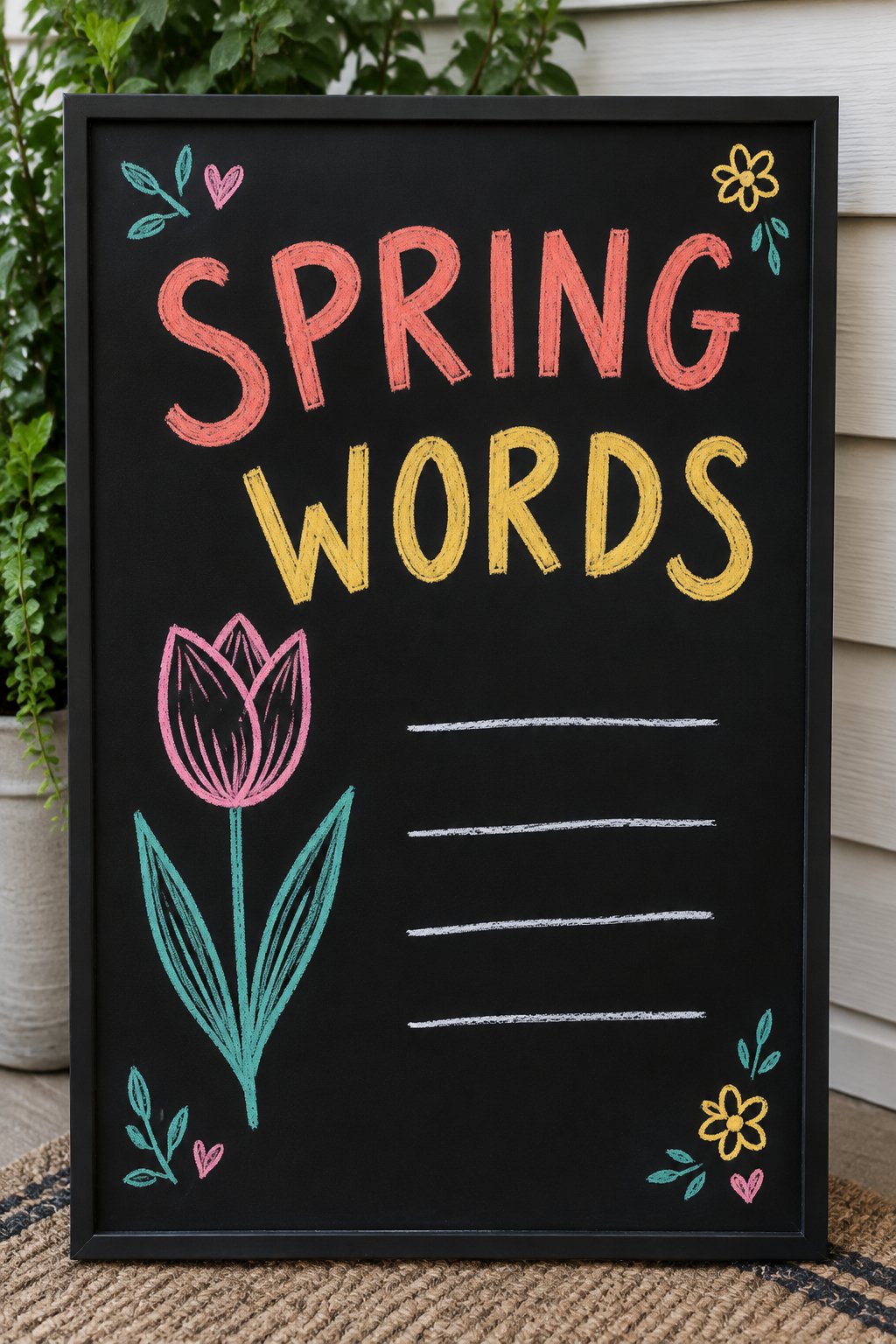 Spring Words: a hand-drawn spring chalkboard sign reading "SPRING WORDS".