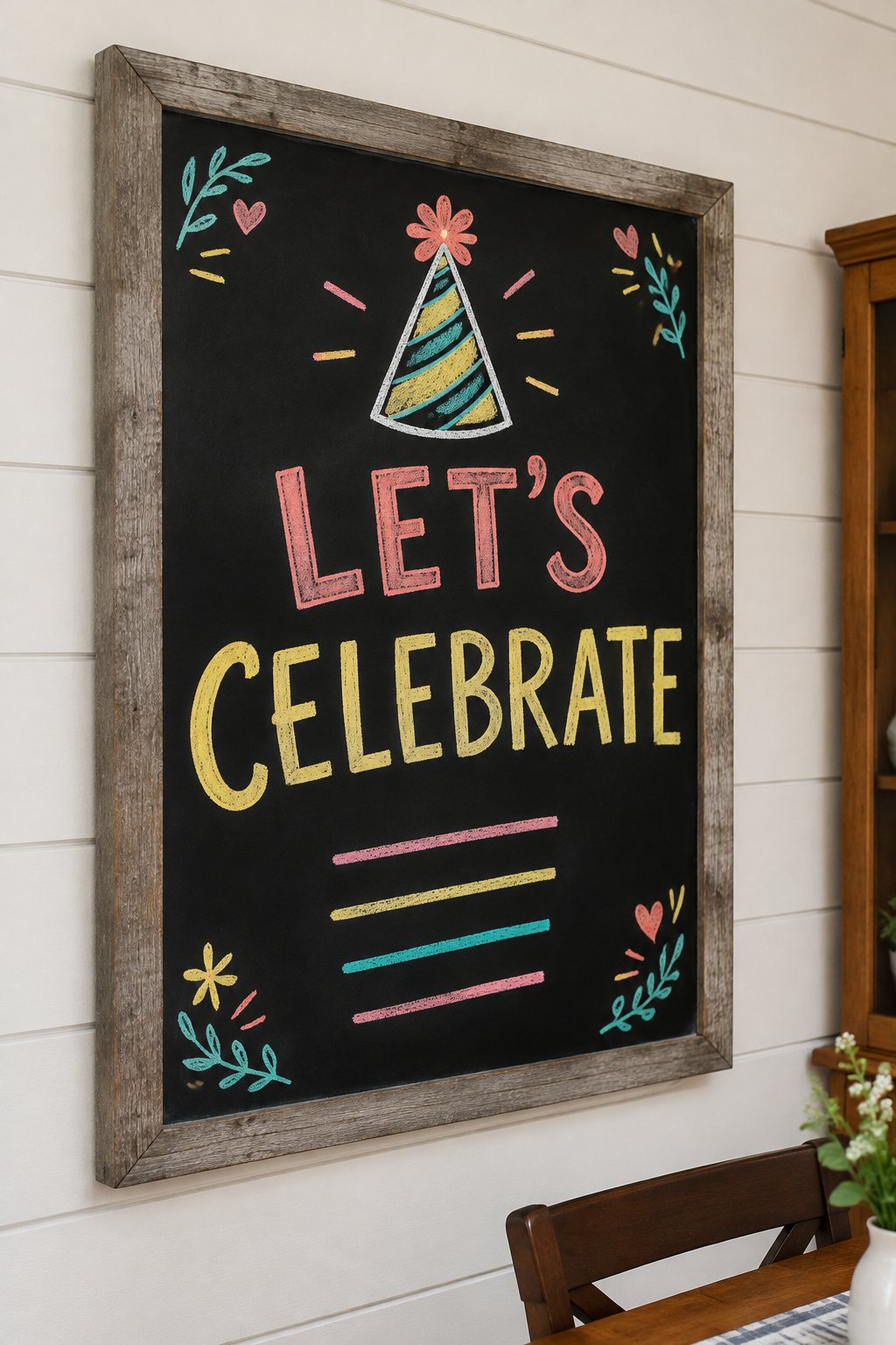 Birthday Party Plan: a hand-drawn spring chalkboard sign reading "LET'S CELEBRATE".