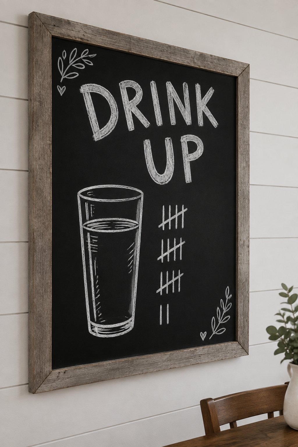 Drink Up: a hand-drawn winter chalkboard sign reading "DRINK UP".