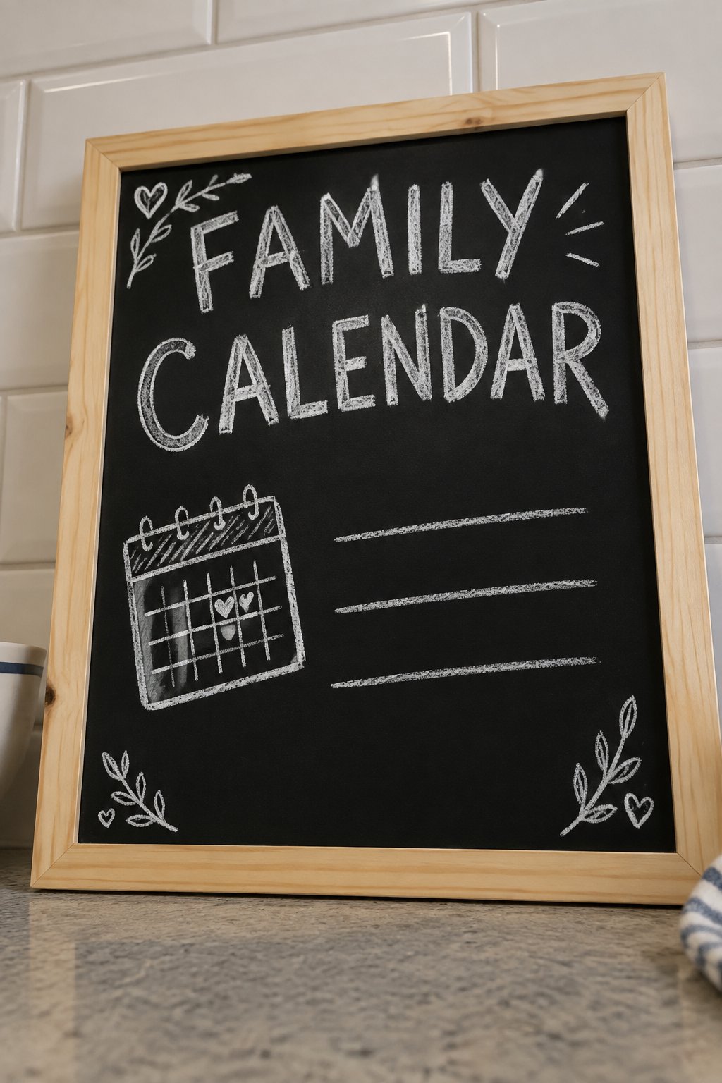 Family Calendar Corner: a hand-drawn winter chalkboard sign reading "FAMILY CALENDAR".