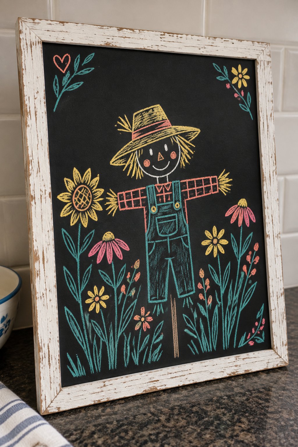 Friendly Scarecrow: a hand-drawn spring chalkboard sign drawn without words, a smiling scarecrow in a straw hat standing among tall flowers.
