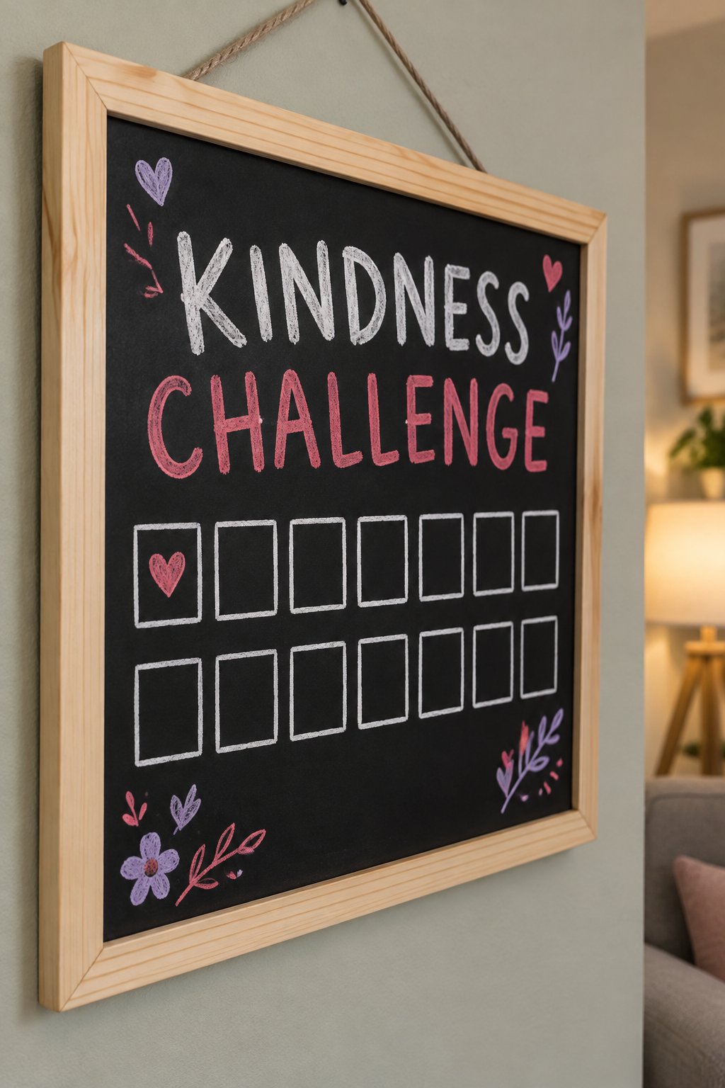Kindness Challenge: a hand-drawn valentines chalkboard sign reading "KINDNESS CHALLENGE".