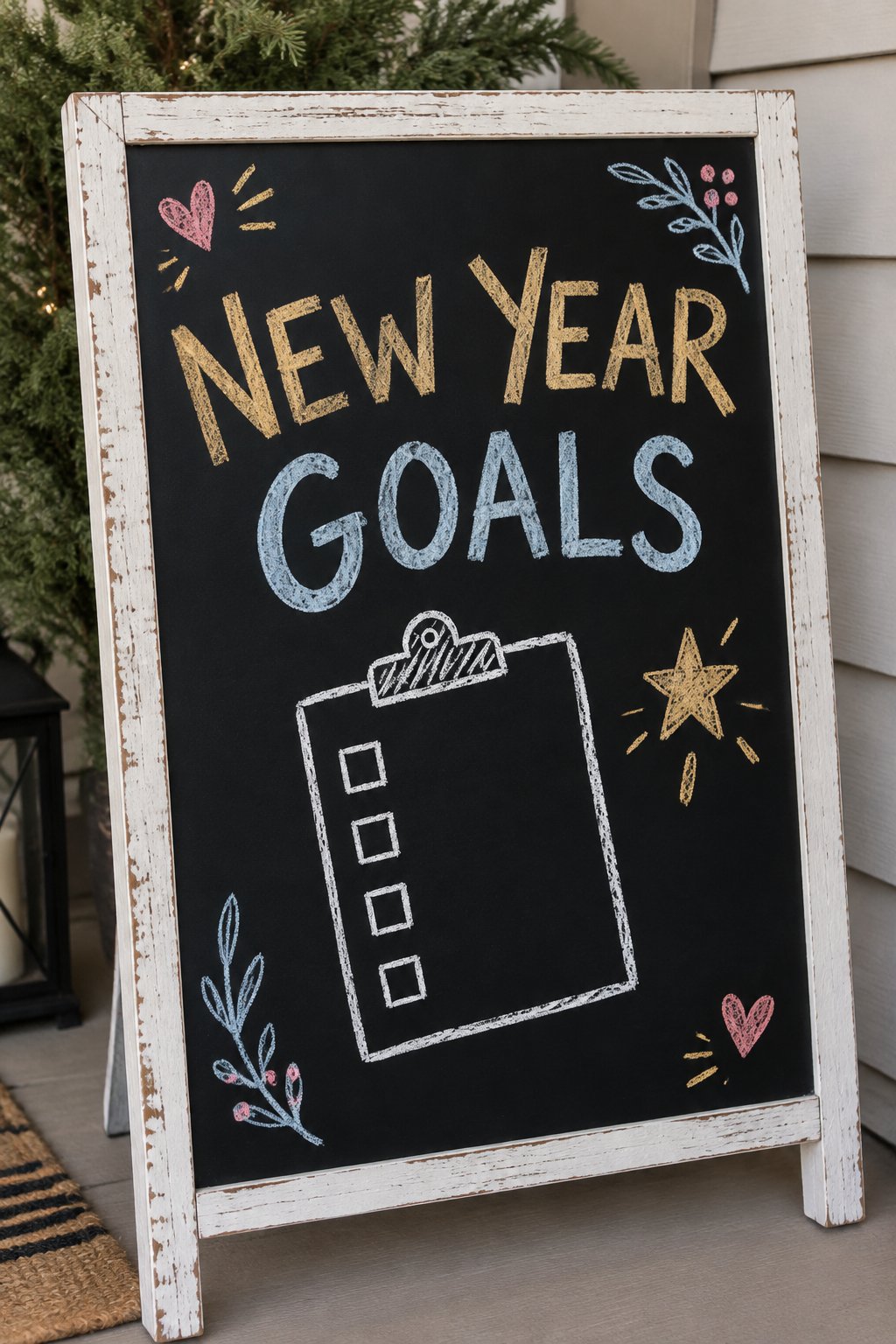 New Year Goals: a hand-drawn newyear chalkboard sign reading "NEW YEAR GOALS".