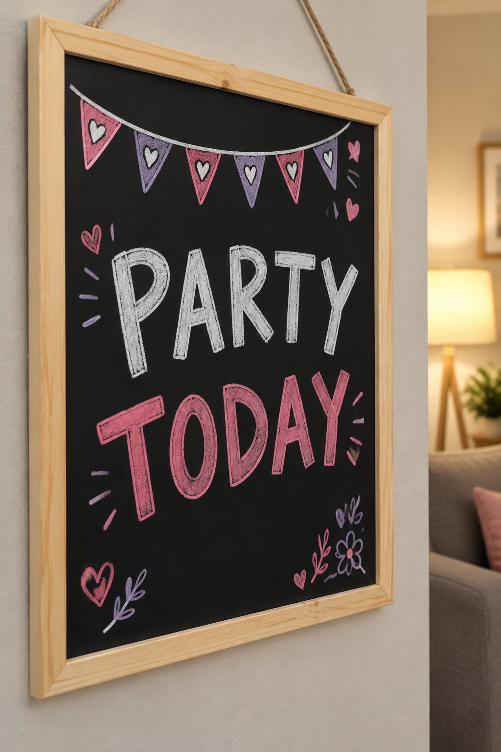 Party Today: a hand-drawn valentines chalkboard sign reading "PARTY TODAY".