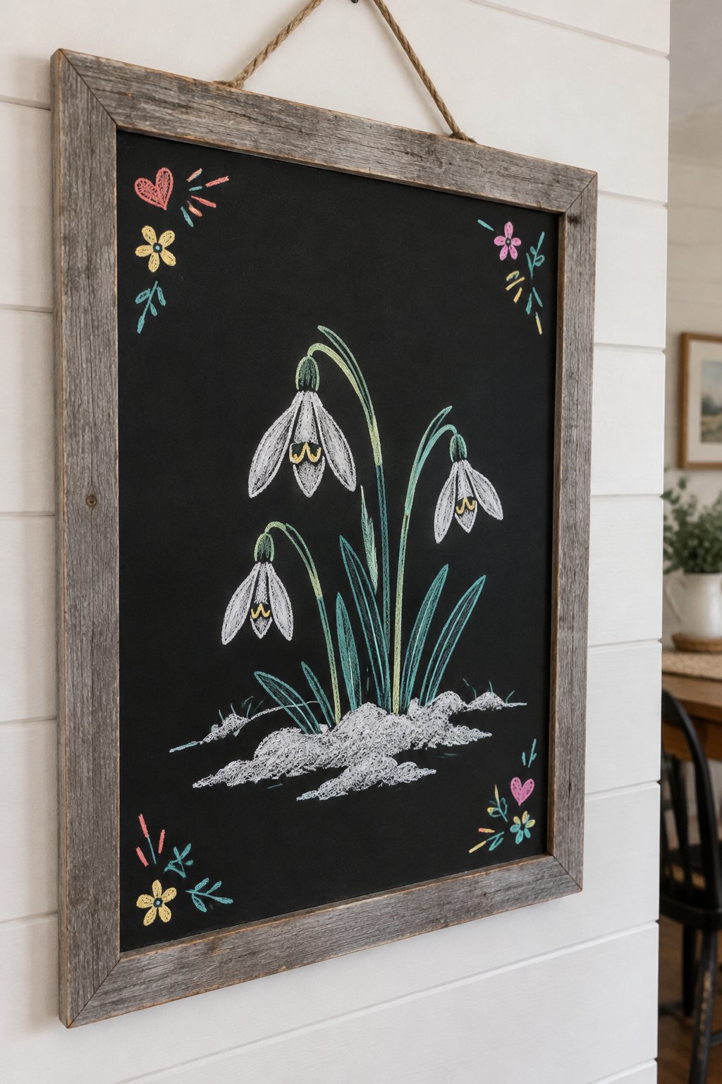 Snowdrop Peek: a hand-drawn spring chalkboard sign drawn without words, snowdrops pushing up through a small patch of snow.