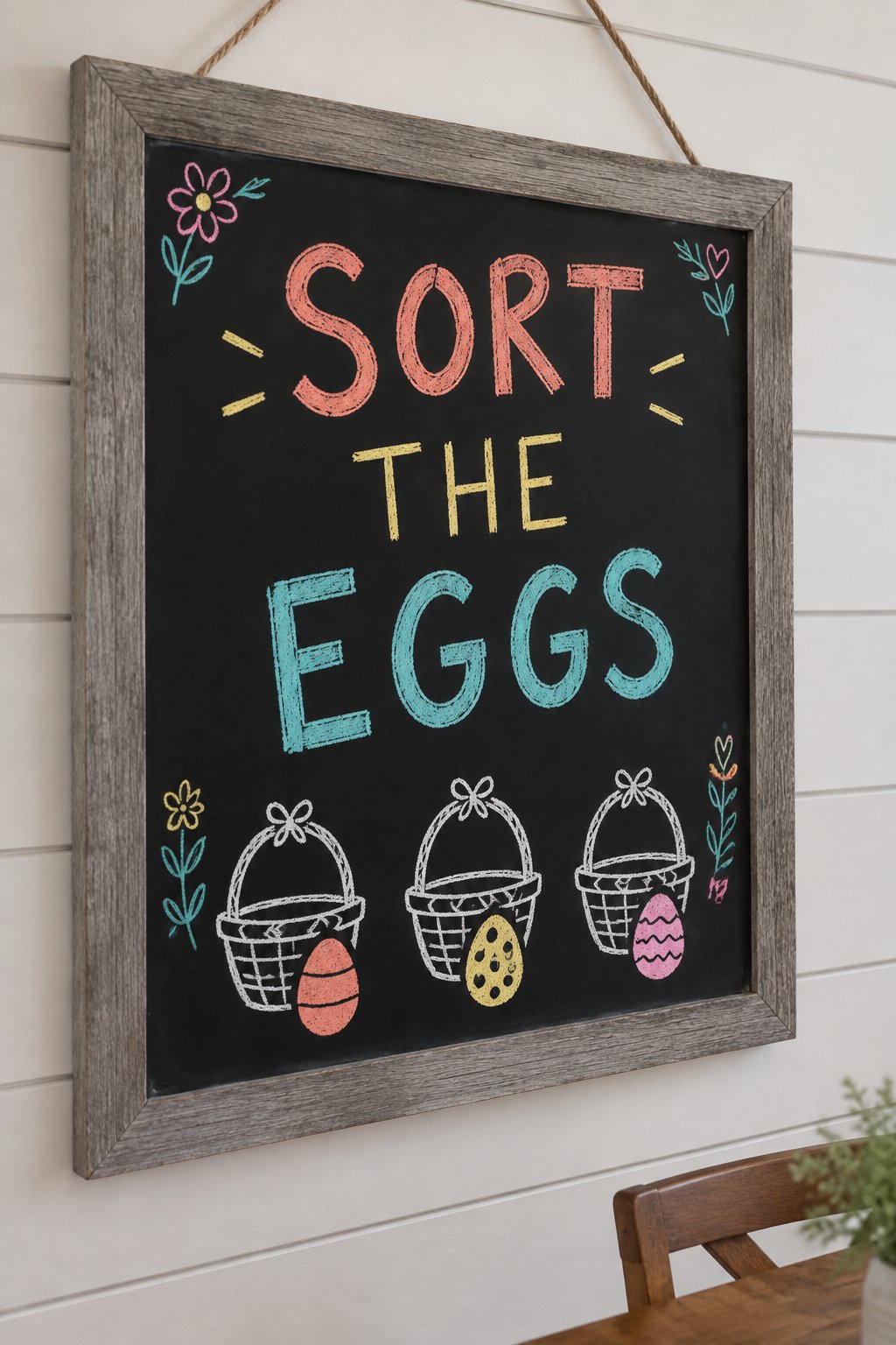 Sorting Eggs: a hand-drawn spring chalkboard sign reading "SORT THE EGGS".
