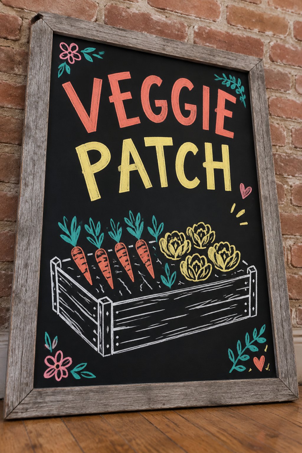 Veggie Patch: a hand-drawn spring chalkboard sign reading "VEGGIE PATCH".