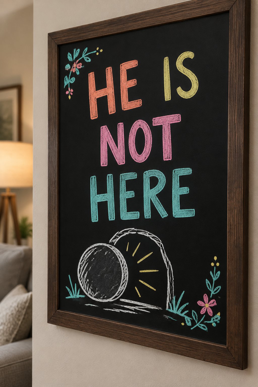 Empty Tomb: a hand-drawn spring chalkboard sign reading "HE IS NOT HERE".