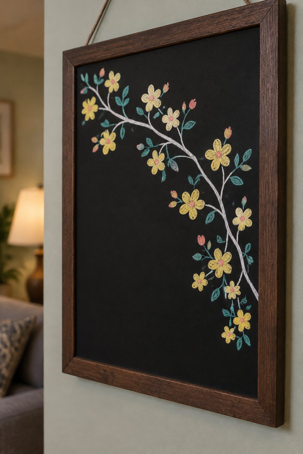 Forsythia Branch: a hand-drawn spring chalkboard sign drawn without words, a curved branch covered in small yellow flowers.