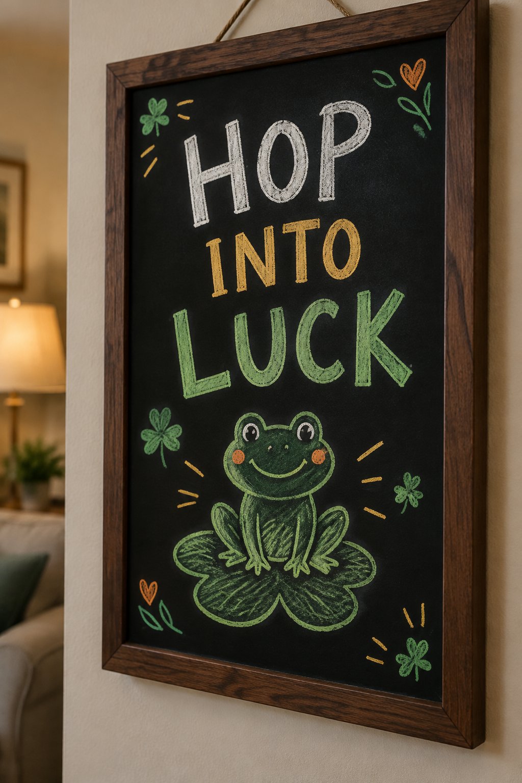Hop Into Luck: a hand-drawn stpatricks chalkboard sign reading "HOP INTO LUCK".