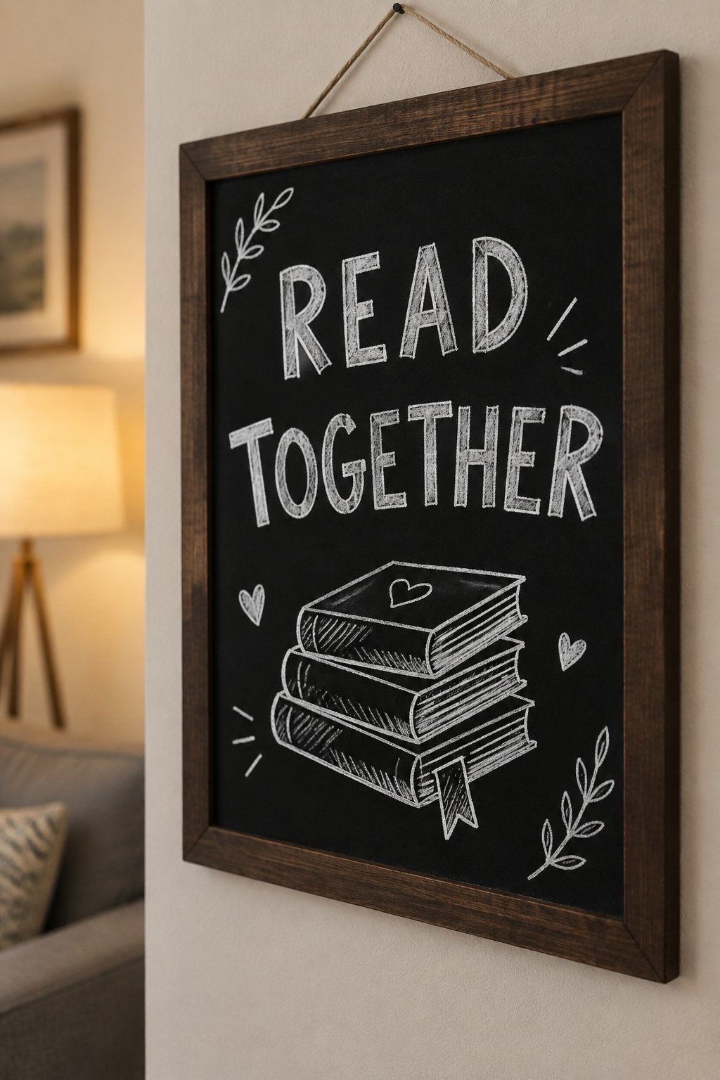 Read Together: a hand-drawn winter chalkboard sign reading "READ TOGETHER".