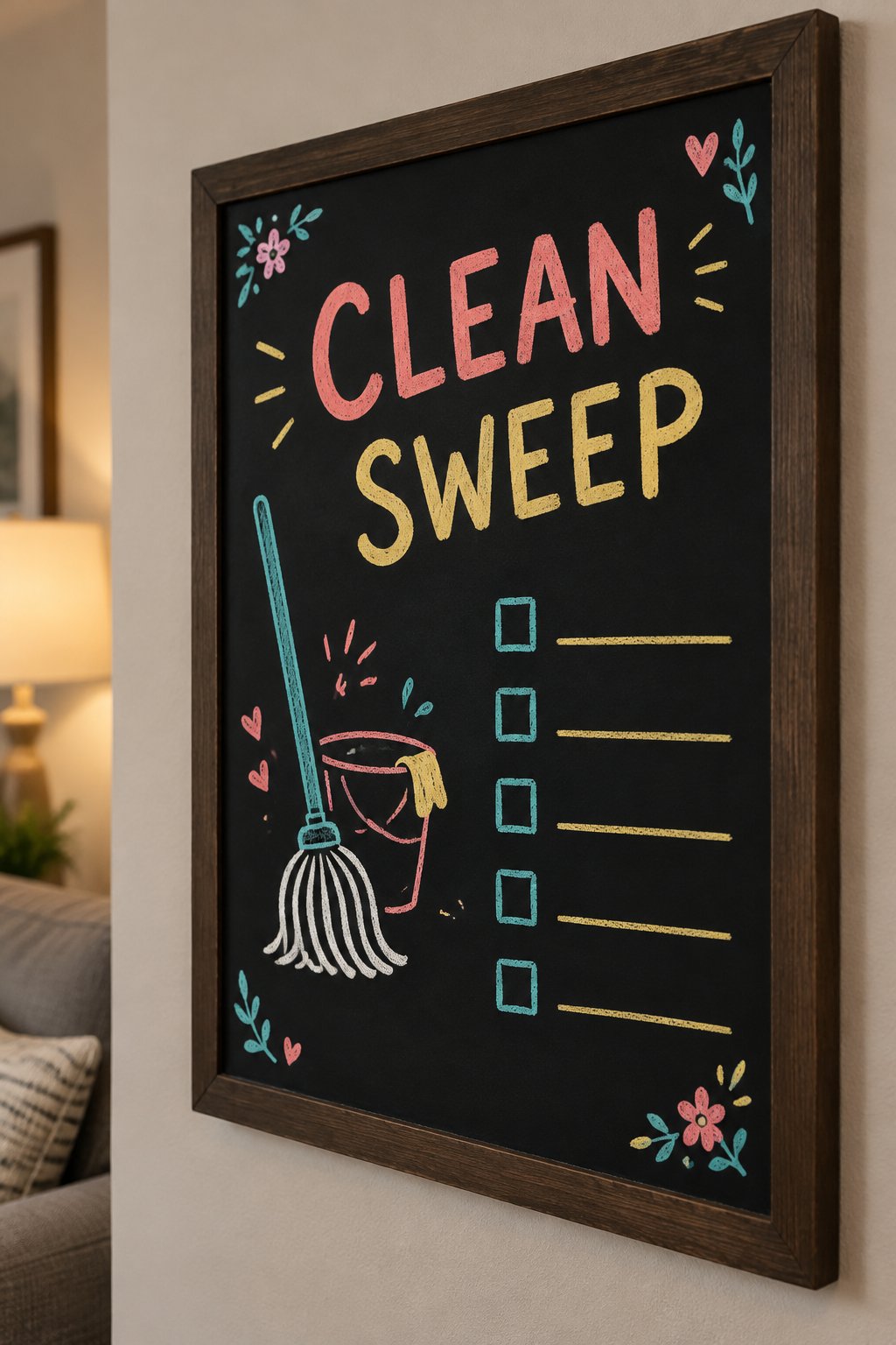 Spring Cleaning Chart: a hand-drawn spring chalkboard sign reading "CLEAN SWEEP".