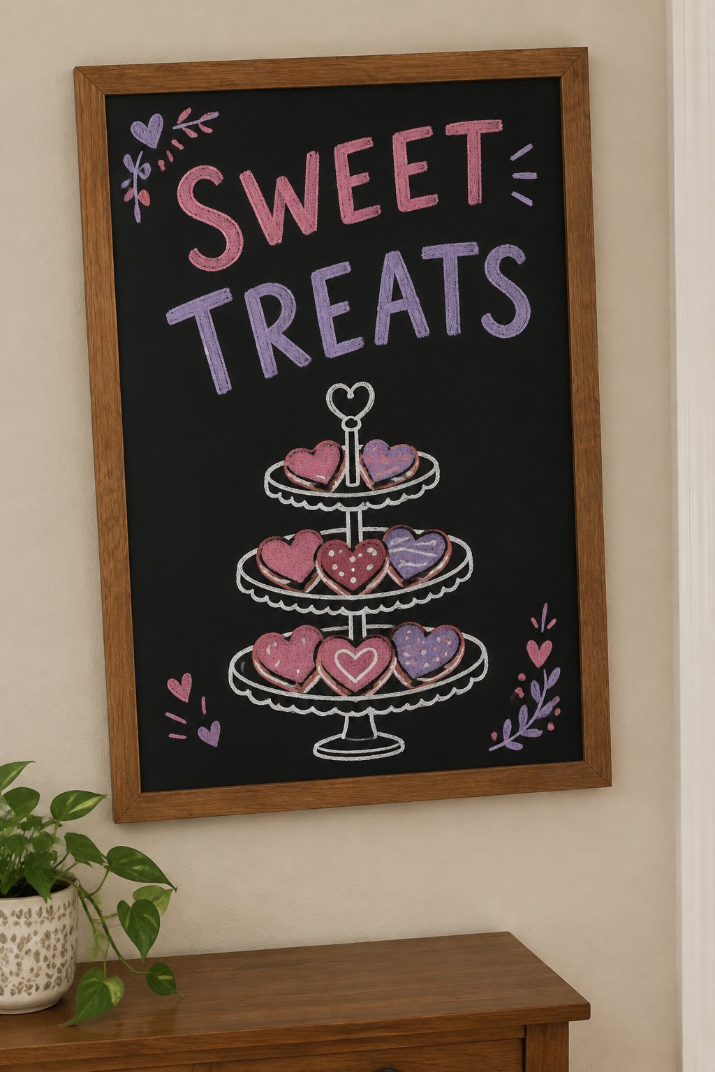 Sweet Treats Stand: a hand-drawn valentines chalkboard sign reading "SWEET TREATS".