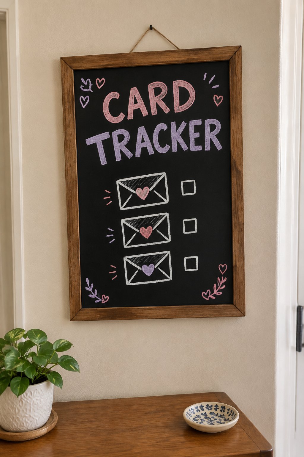 Valentine Card Tracker: a hand-drawn valentines chalkboard sign reading "CARD TRACKER".