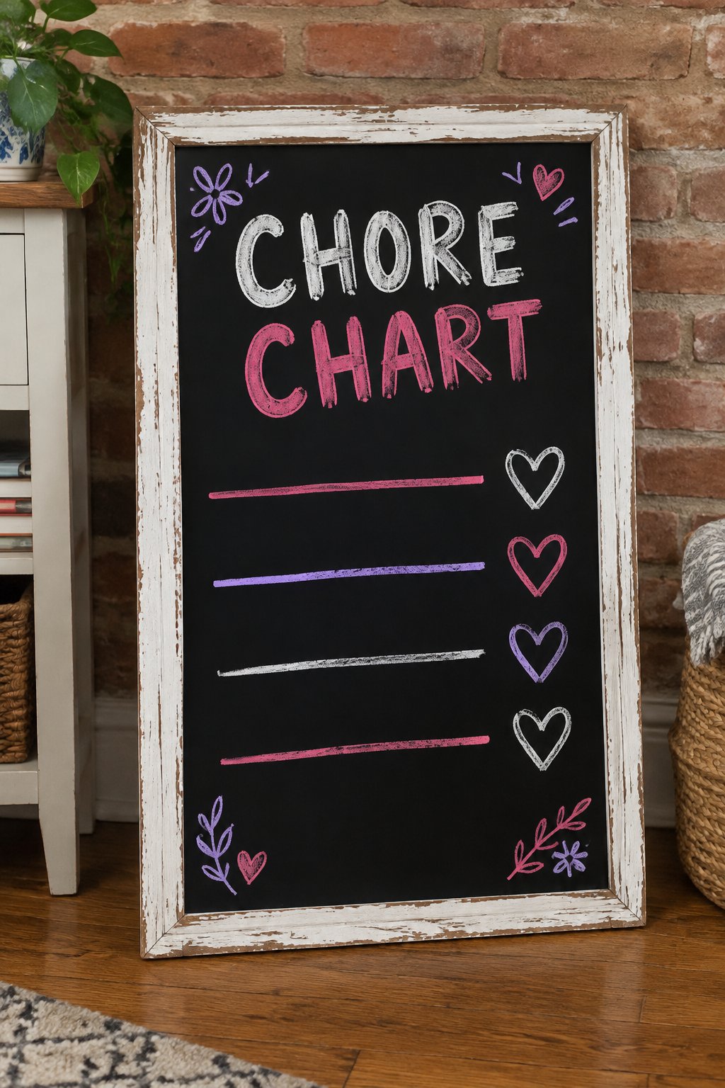 Chore Hearts: a hand-drawn valentines chalkboard sign reading "CHORE CHART".