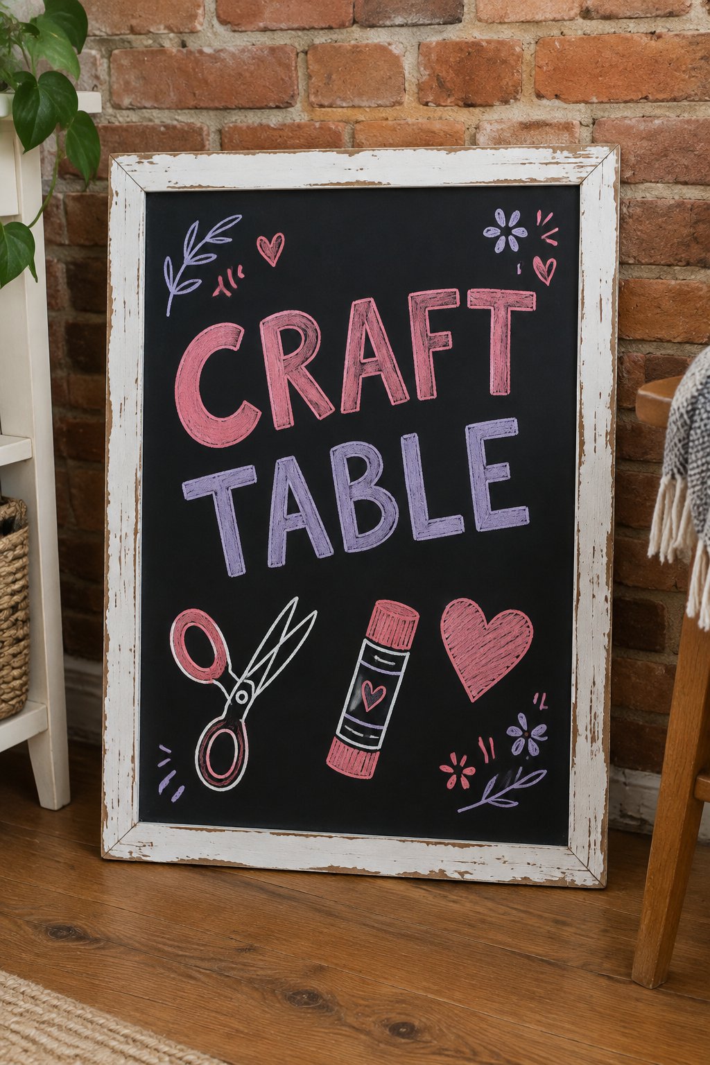 Craft Table: a hand-drawn valentines chalkboard sign reading "CRAFT TABLE".