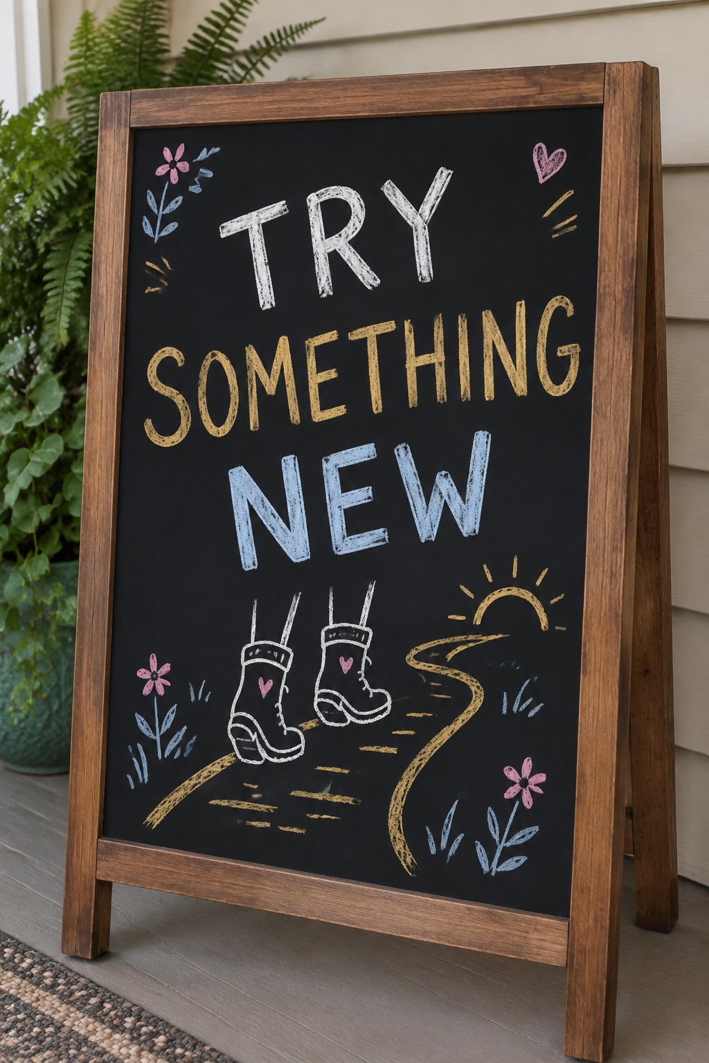 Do Something New: a hand-drawn newyear chalkboard sign reading "TRY SOMETHING NEW".