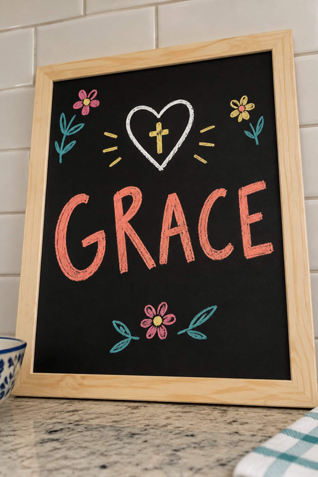 Easter Grace: a hand-drawn spring chalkboard sign reading "GRACE".