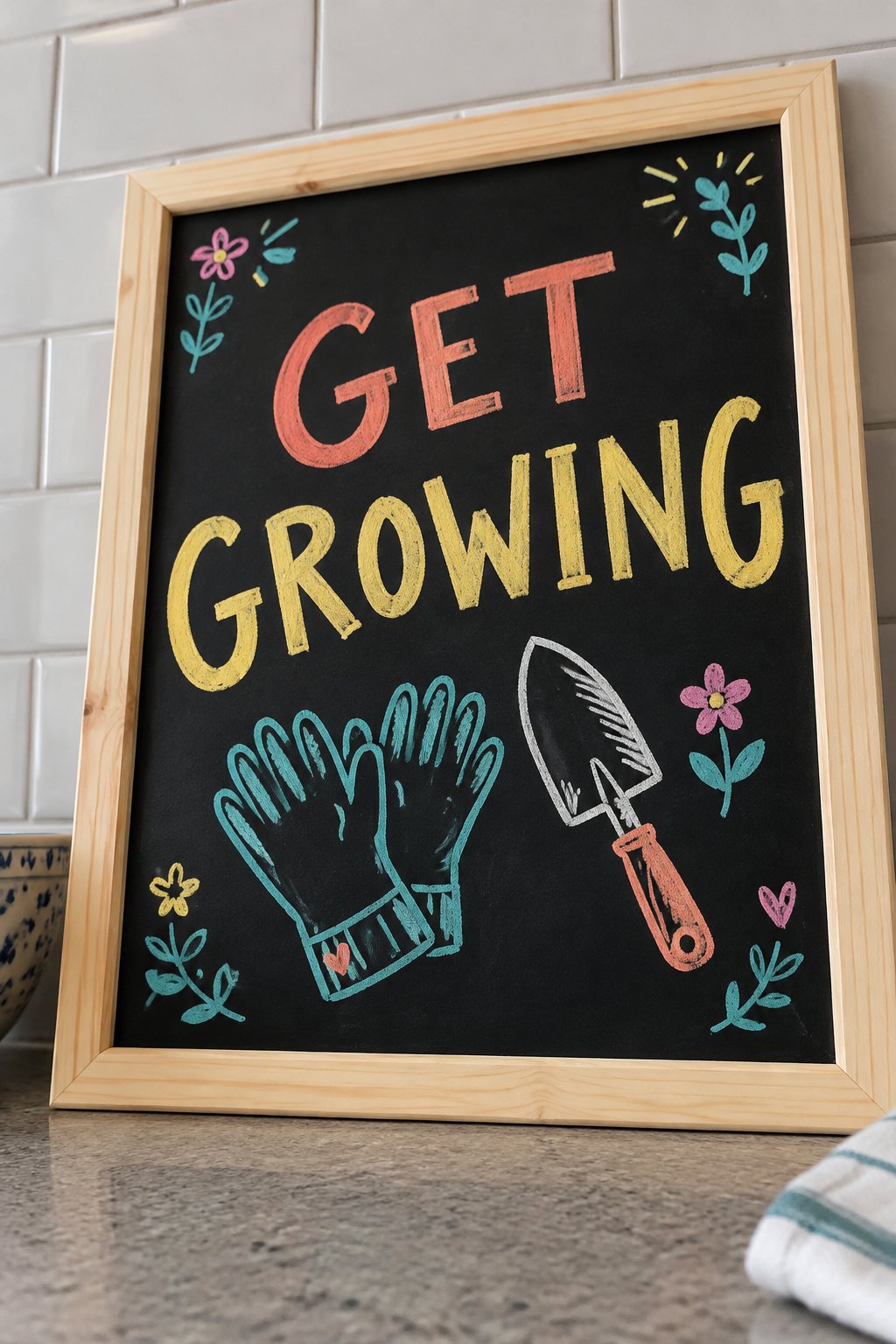 Garden Gloves and Trowel: a hand-drawn spring chalkboard sign reading "GET GROWING".