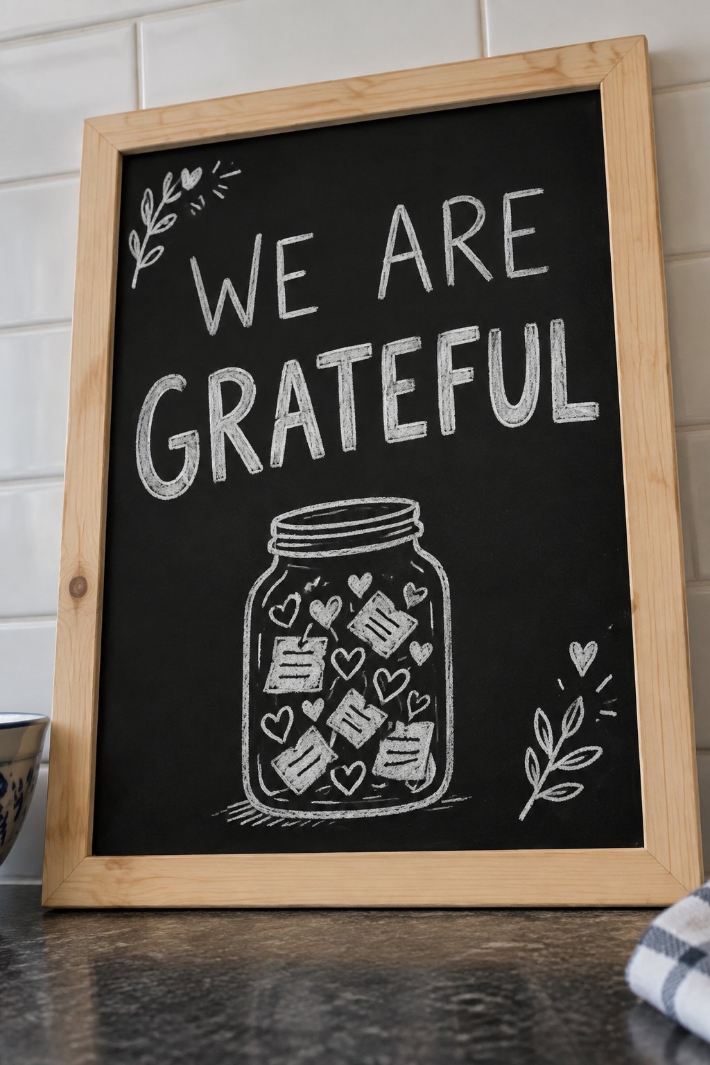 Gratitude Jar: a hand-drawn winter chalkboard sign reading "WE ARE GRATEFUL".