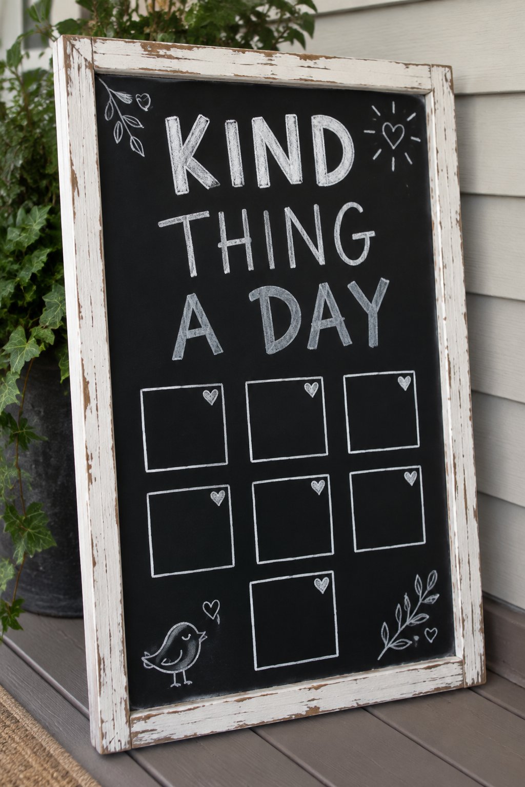 Kindness Calendar: a hand-drawn winter chalkboard sign reading "KIND THING A DAY".