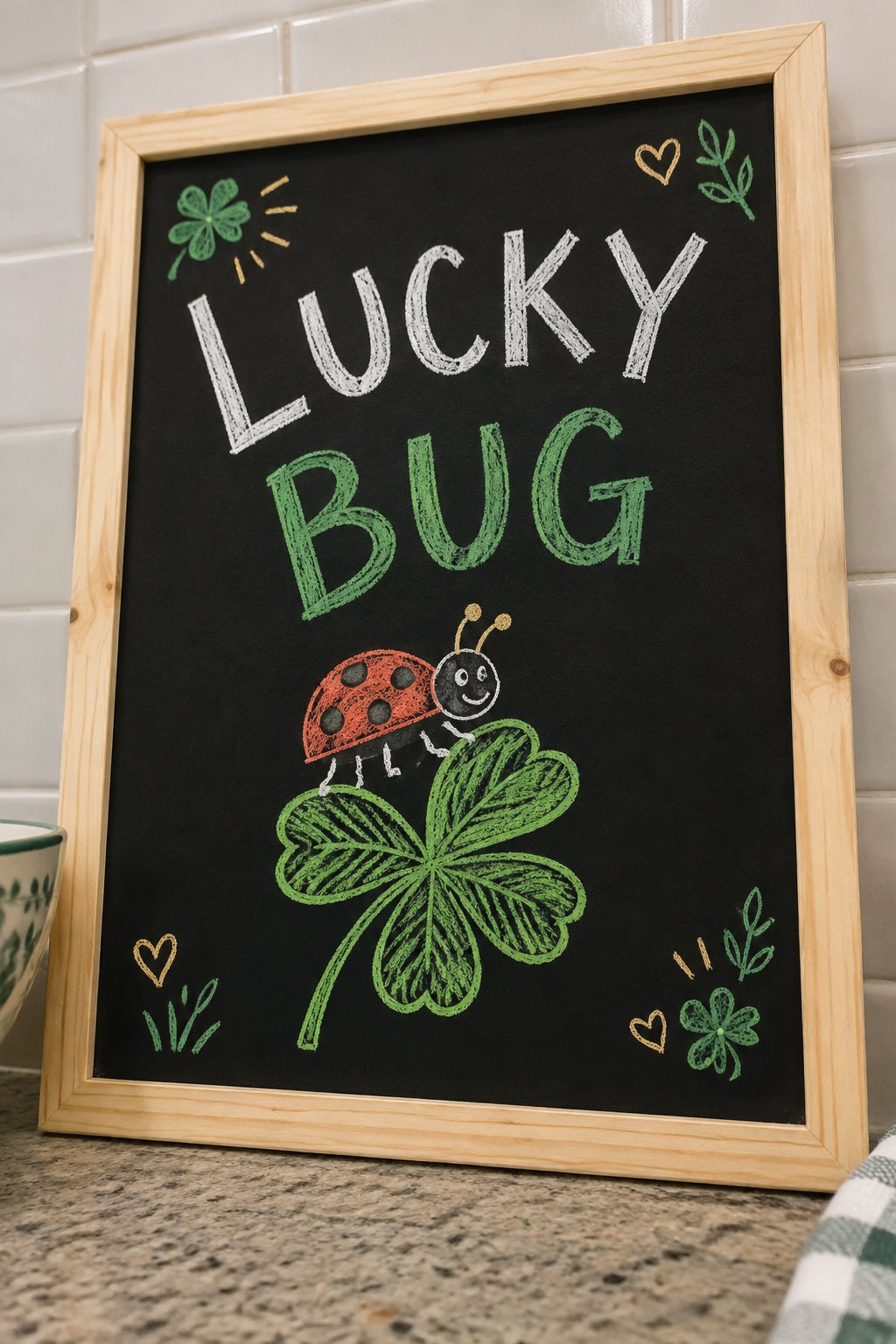 Lucky Bug: a hand-drawn stpatricks chalkboard sign reading "LUCKY BUG".