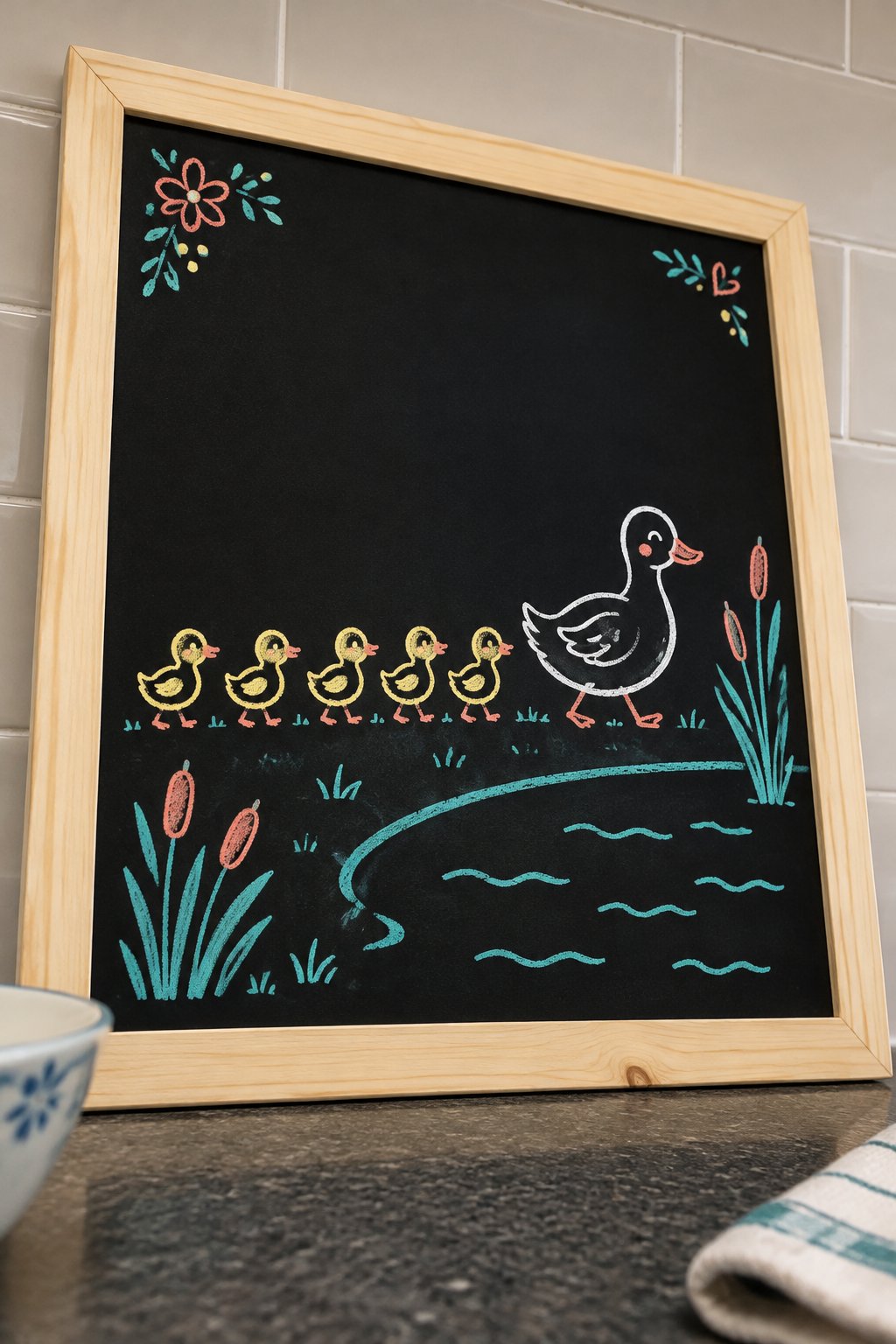 Mama Duck: a hand-drawn spring chalkboard sign drawn without words, a mother duck leading five tiny ducklings in a line beside a pond with cattails.