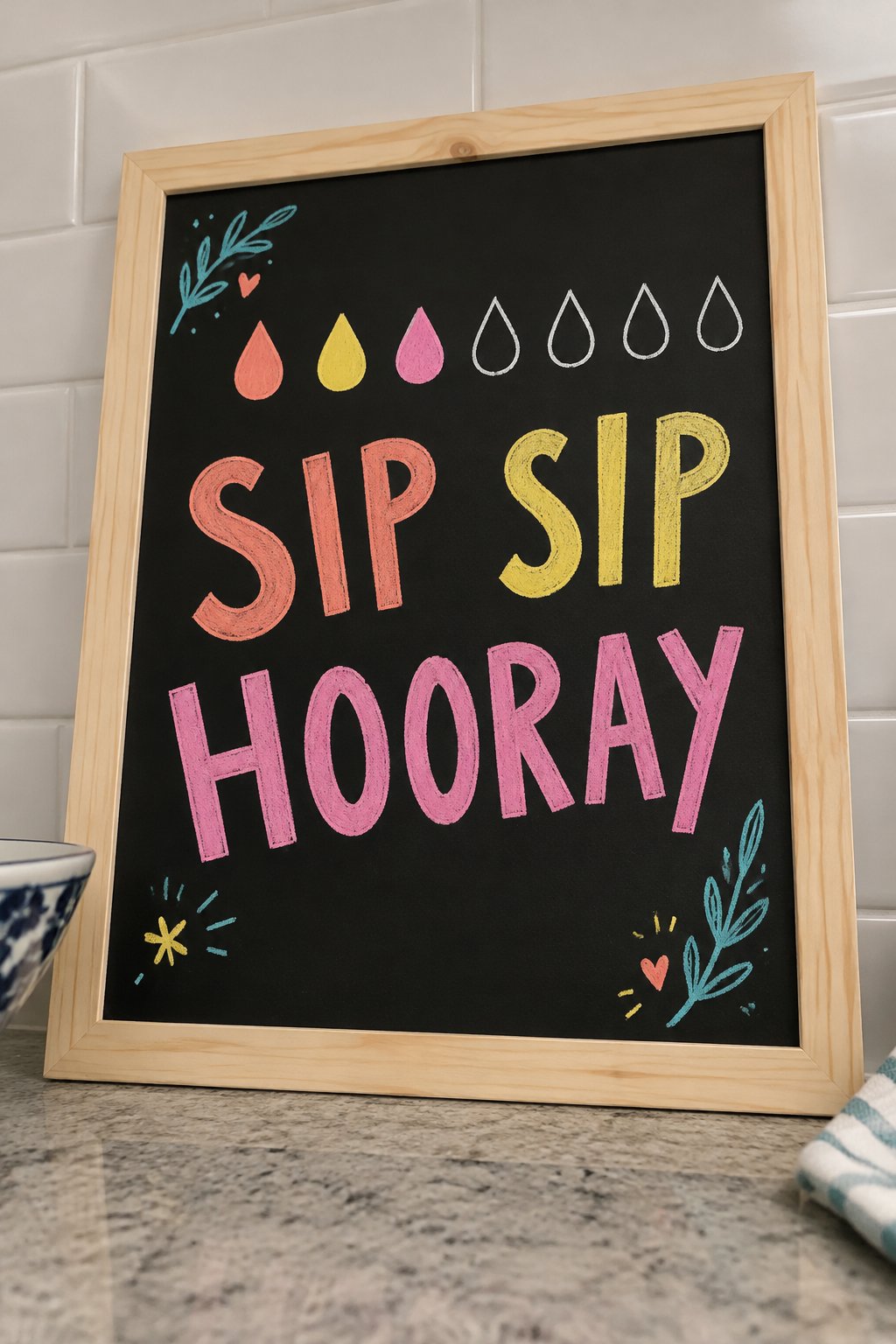 Sip Tracker: a hand-drawn spring chalkboard sign reading "SIP SIP HOORAY".