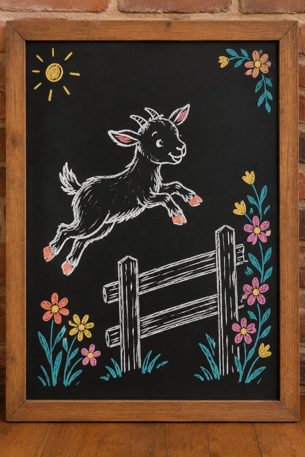 Baby Goat: a hand-drawn spring chalkboard sign drawn without words, a baby goat leaping beside a fence with flowers growing along it.