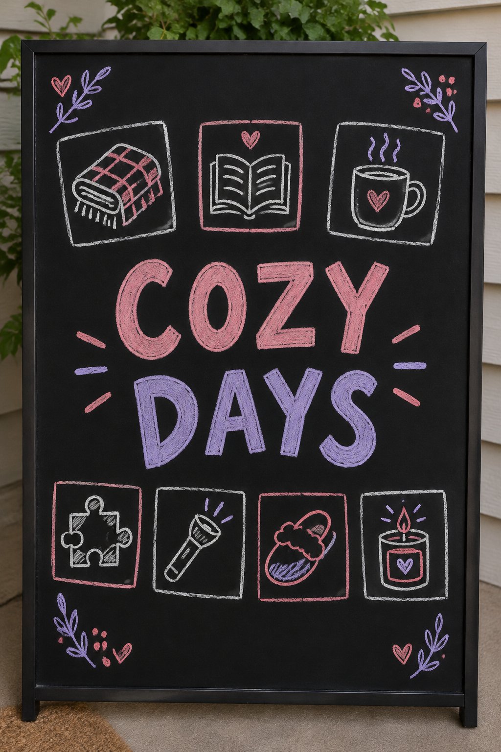 Cozy Days Doodles: a hand-drawn valentines chalkboard sign reading "COZY DAYS".