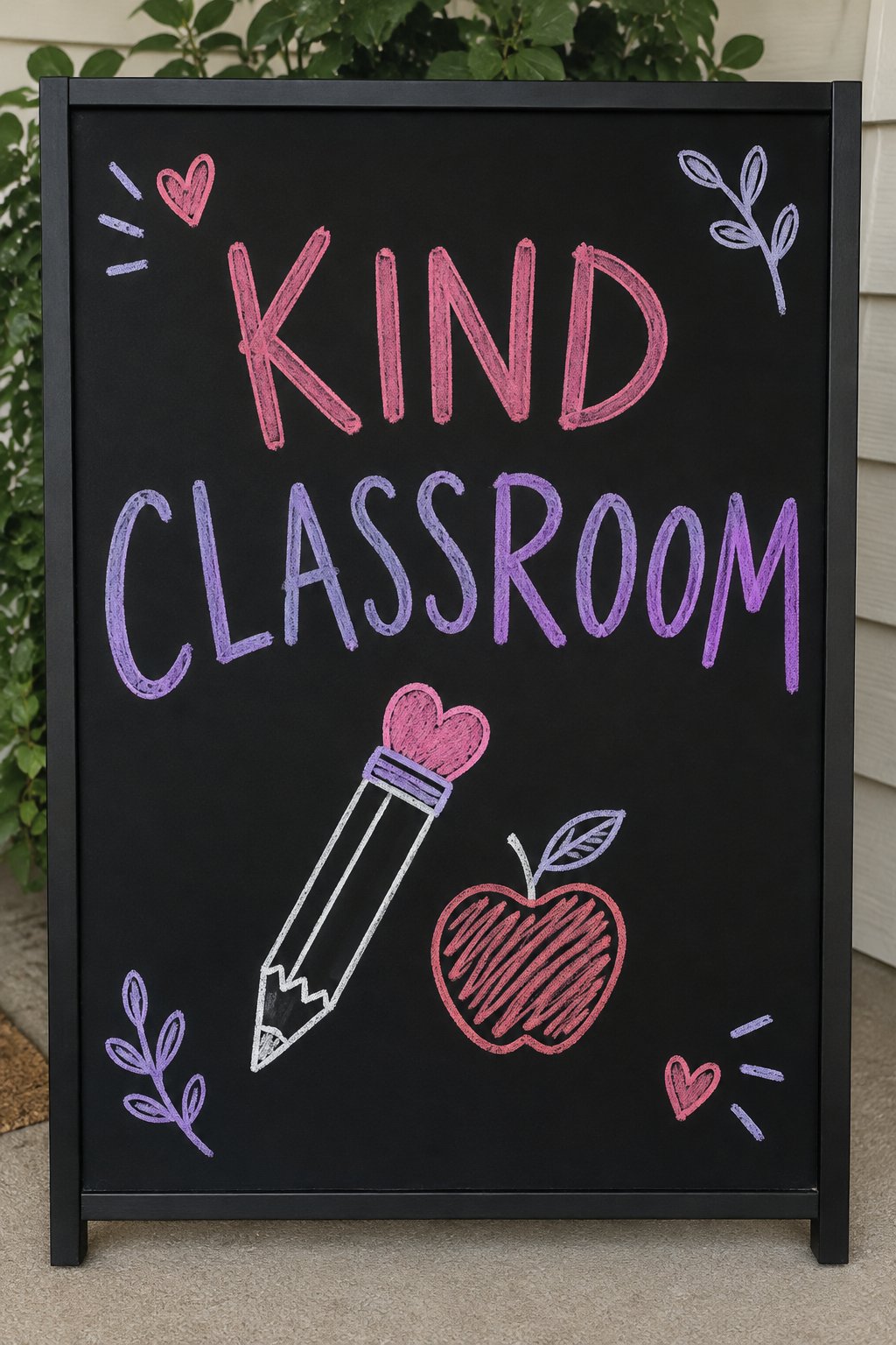Kind Classroom: a hand-drawn valentines chalkboard sign reading "KIND CLASSROOM".