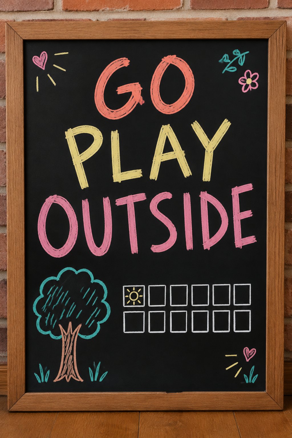 Outdoor Play Log: a hand-drawn spring chalkboard sign reading "GO PLAY OUTSIDE".